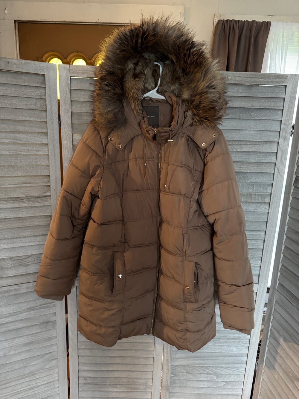 Maurices Women's Hooded Winter Puffer Coat Faux Fur Trim Taupe Brown Size XL